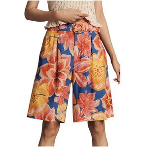 Farm Rio x Anthropologie Linen Blend Belted Floral Bermuda Shorts, Size XL